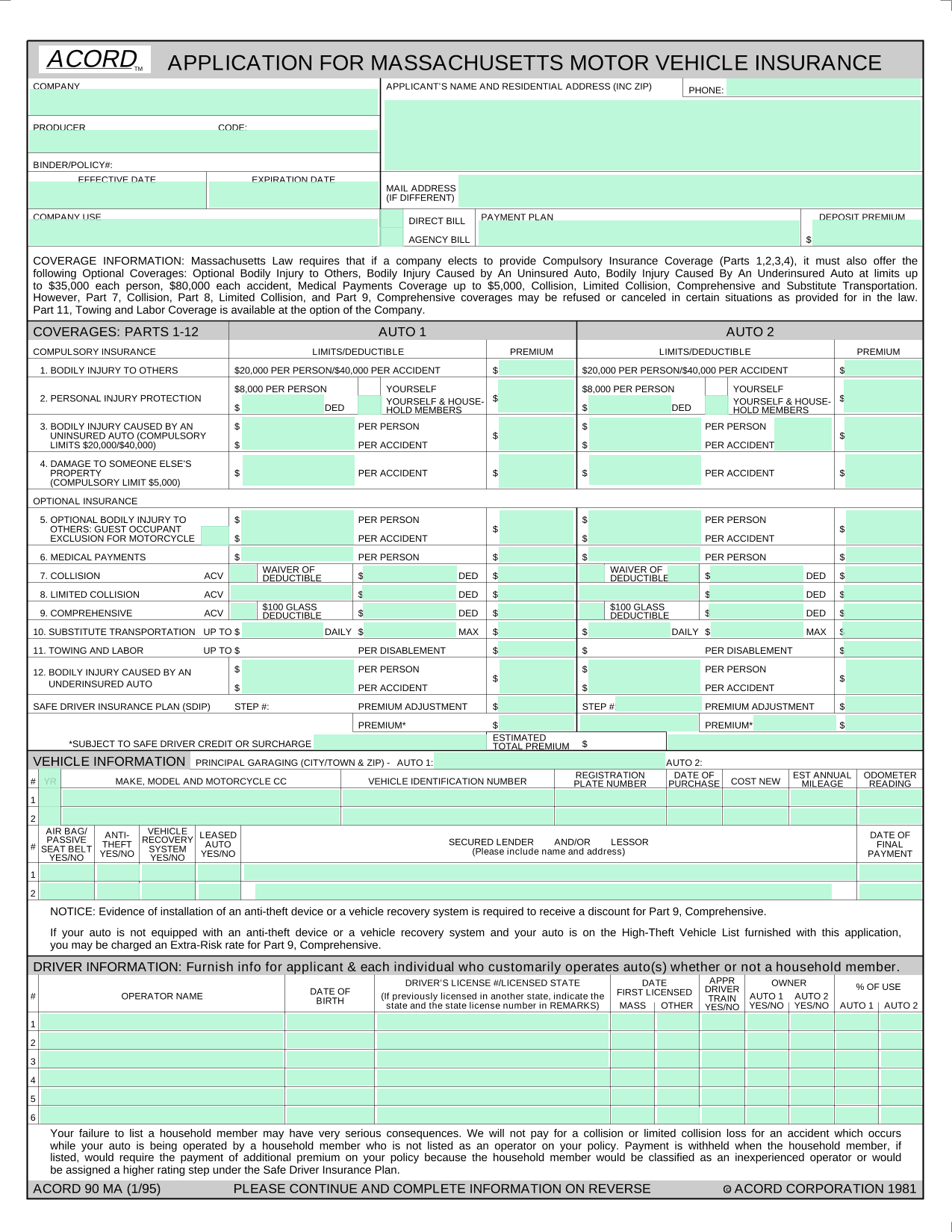 Massachusetts Motor Vehicle Insurance Application (ACORD 90 MA) screenshot