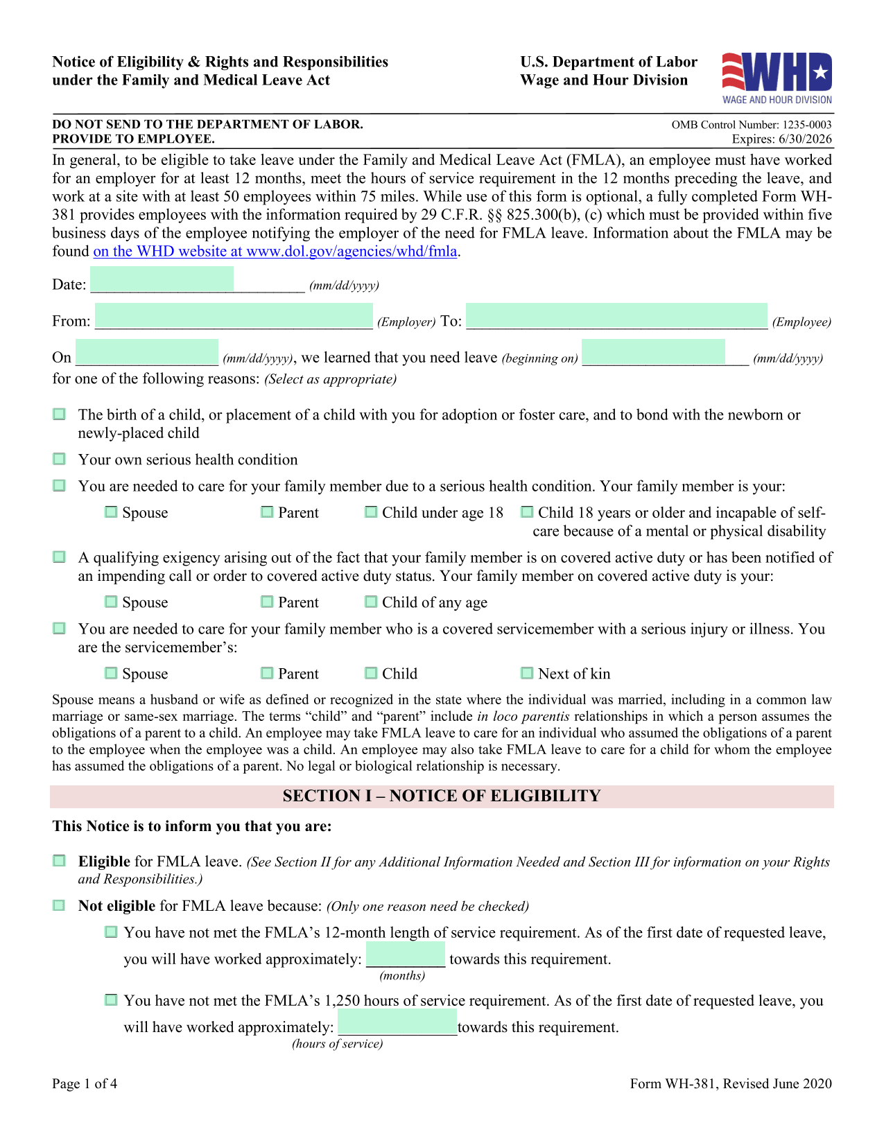 Notice Of Eligibility Rights Under FMLA (WH 381) screenshot